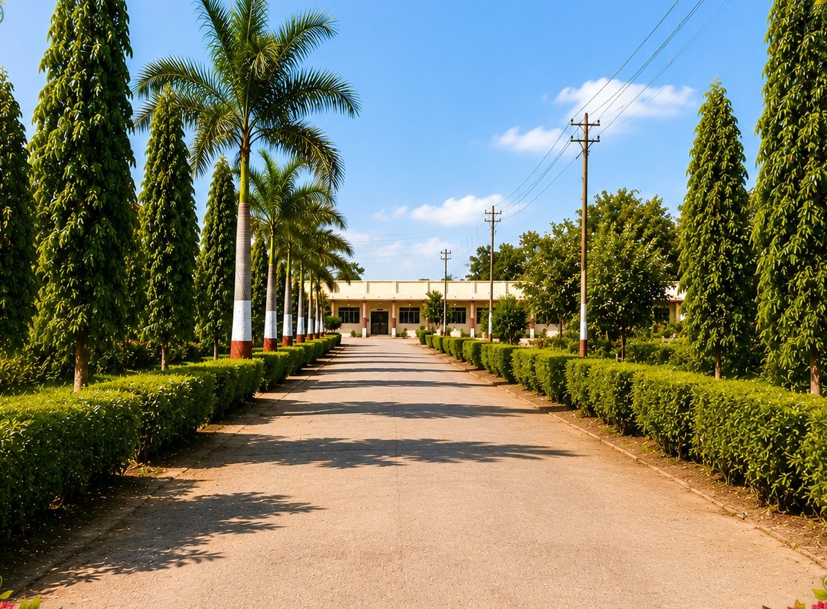 Tree-lined pathway leading to the school building
