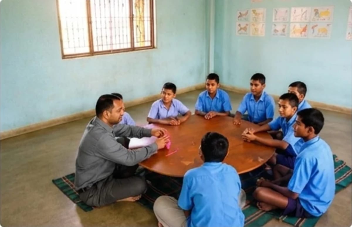 A teacher and students seated around a round table in a classroom